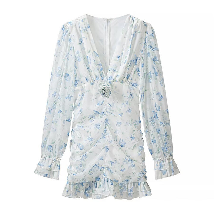 Women's gathered mini dress with V-neck, ruffles and floral appliqué Mune Fashion