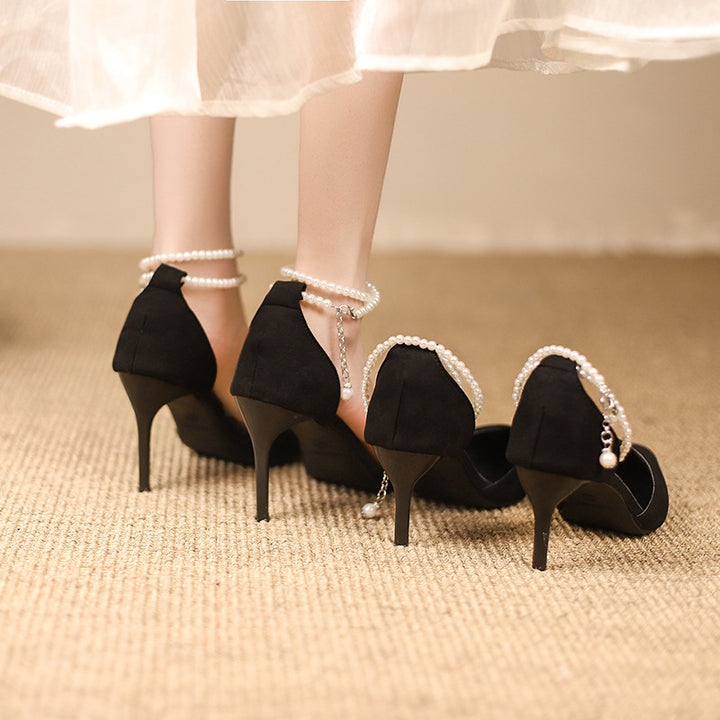 Women Cut-Out Pumps with Pearl Ankle Straps and Slim Stiletto Heel