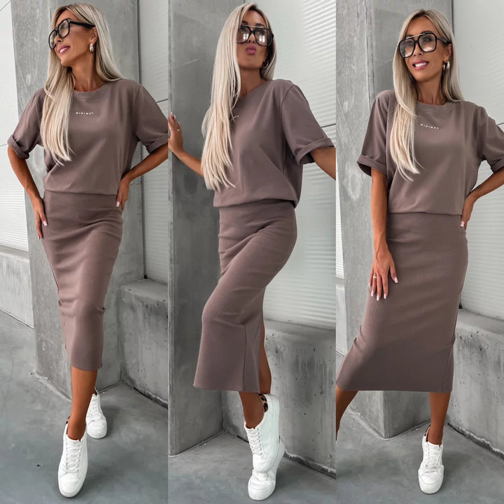 Women's two-piece knitted set with oversized boxy shirt and figure-flattering midi skirt with side slit Mune Fashion