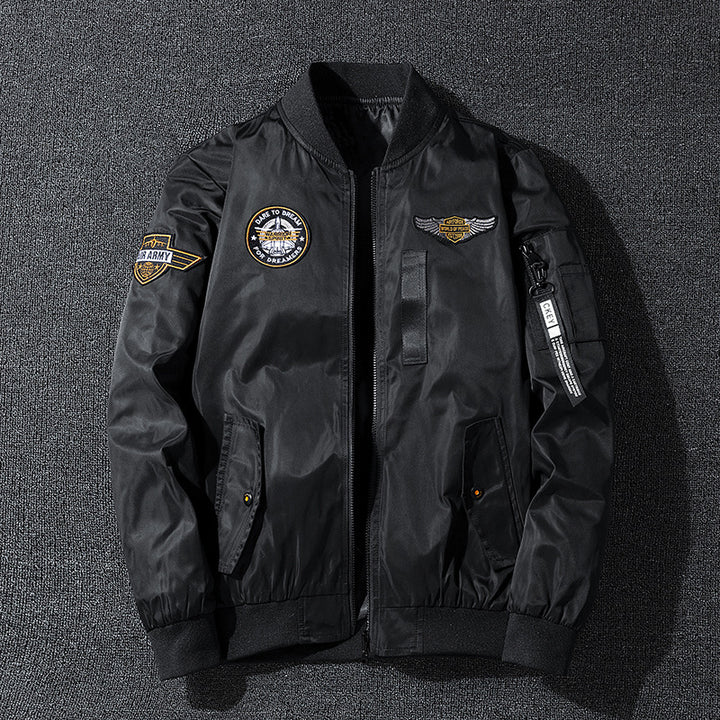 Men's bomber jacket in flight style with nylon shell, patch applications, and arm pocket Mune Fashion