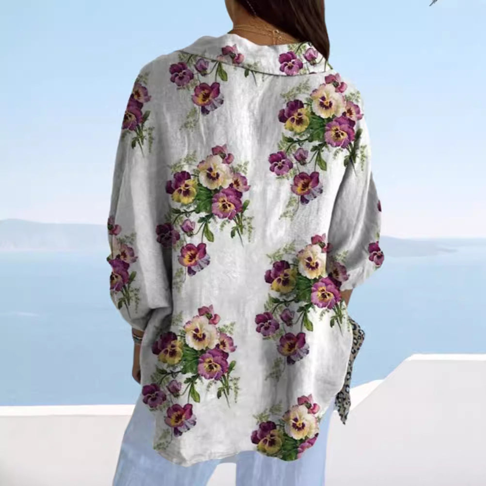 Women's lightweight linen-look shirt blouse with floral pattern, loose fit, roll-up sleeves, and patch pockets Mune Fashion