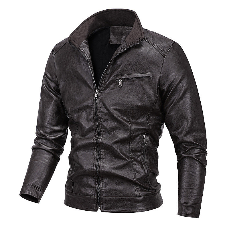 Men's Slim-Fit Faux Leather Blouson with Stand Collar and Zipper Pockets Mune Fashion