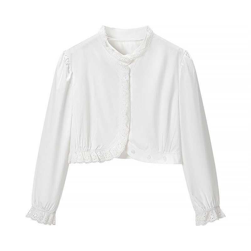 Women's Cropped Lace Bolero Blouse with Stand Collar and Eyelet Embroidery Mune Fashion