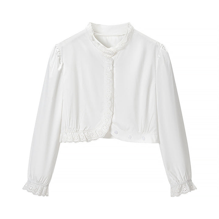 Women's Cropped Lace Bolero Blouse with Stand Collar and Eyelet Embroidery Mune Fashion