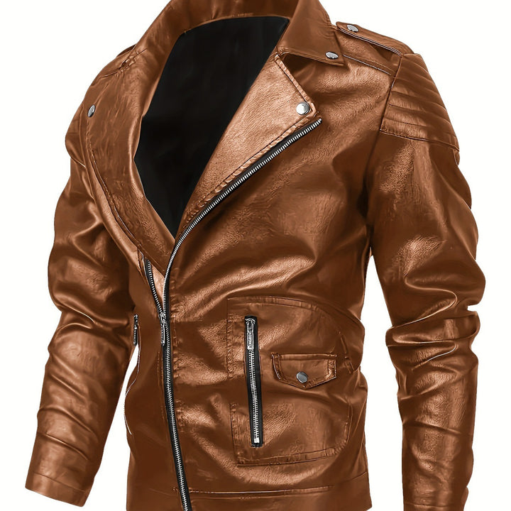 Men's Asymmetrical Biker Jacket made of Faux Leather with Quilted Shoulder Padding and Utility Pockets Mune Fashion