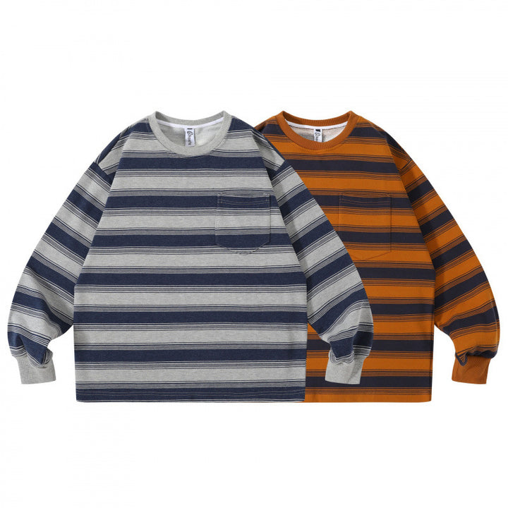 Unisex Oversize Striped Sweatshirt with Chest Pocket and Round Neck Mune Fashion