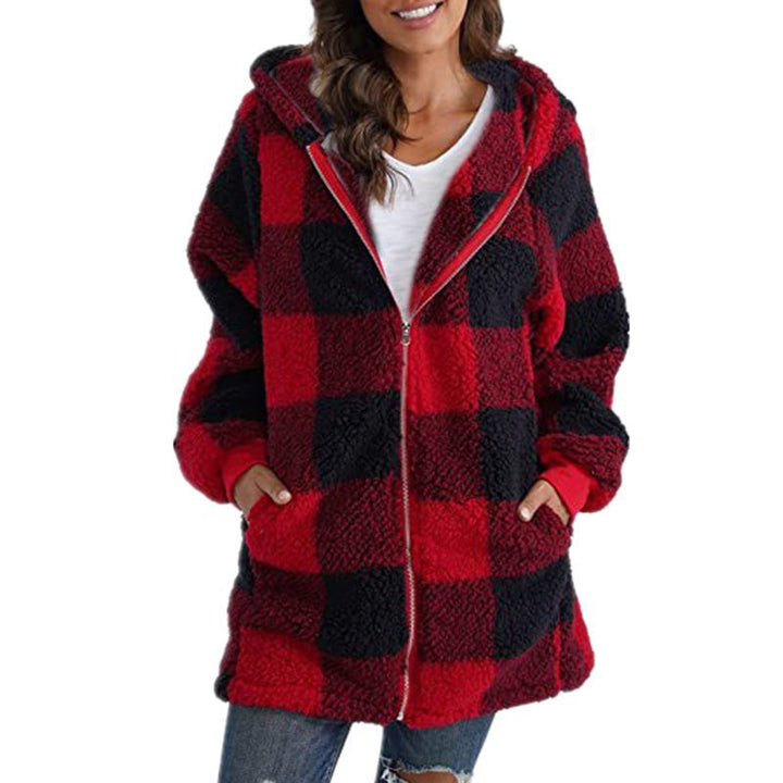 Women's Checked Teddy Fleece Coat with Hood and Zipper Mune Fashion
