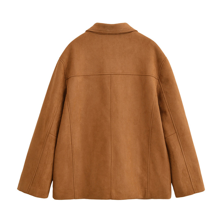 Women's Boxy Utility Jacket in Suede Look with Shirt Collar and Large Patch Pockets Mune Fashion