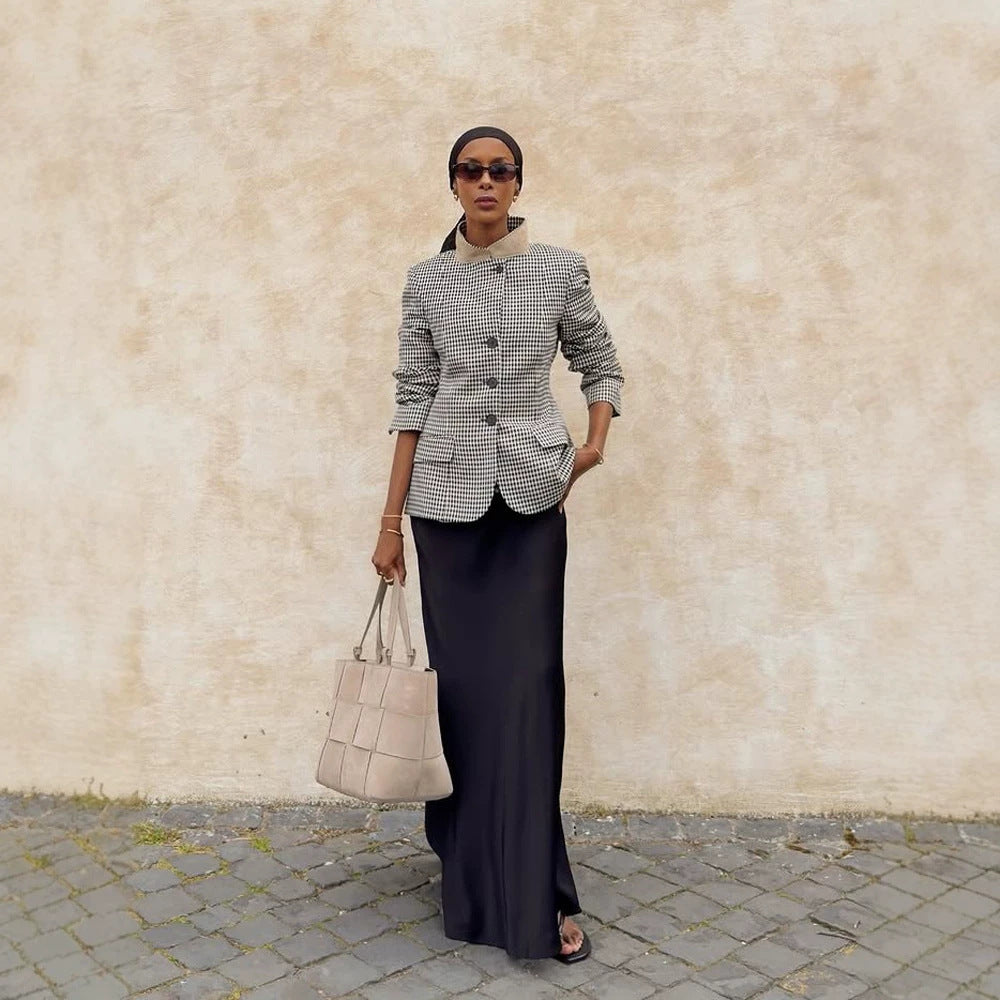 Women's Tailored Short Blazer in Vichy Check with Stand Collar and Curved Hem Mune Fashion
