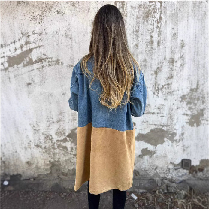 Women's Oversize Jeans Blazer with Contrasting Suede Insert and Double Button Placket Mune Fashion