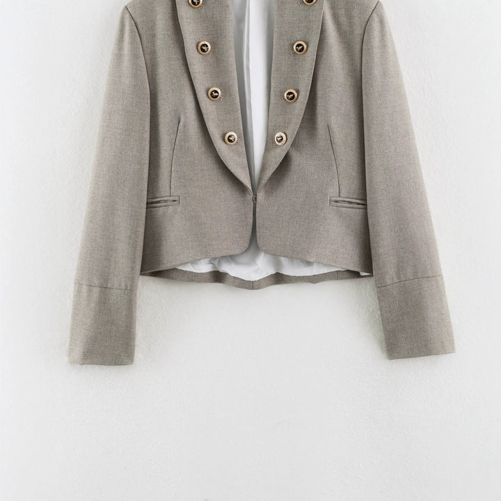 Ladies short blazer with decorative double-button placket and stand collar Drune