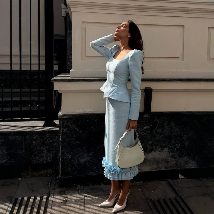 Ladies two-piece tailored ensemble with square neckline and flounce midi skirt Mune Fashion