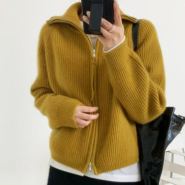 Women's Oversized Cardigan with Zipper, Stand-up Collar and Ribbed Structure Mune Fashion