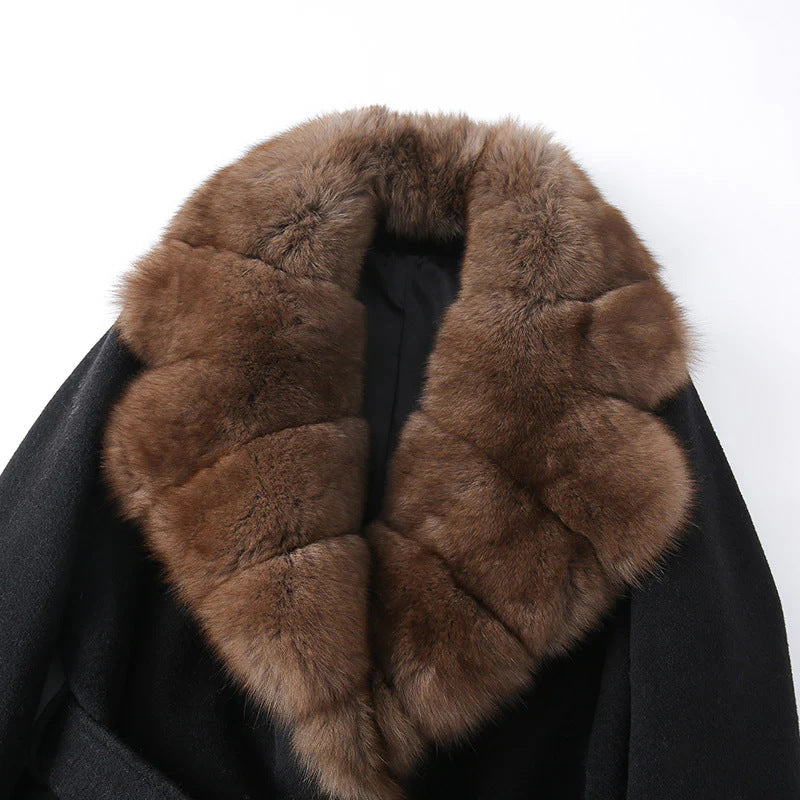 Women short coat with detachable faux fur shawl collar and belt Mune Fashion