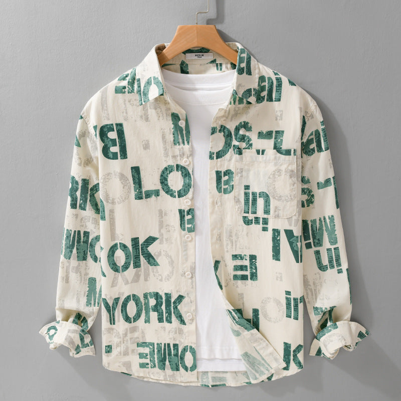 Men's Printed Lightweight Long Sleeve Shirt in Relaxed Fit with Typo Print and Chest Pocket Mune Fashion