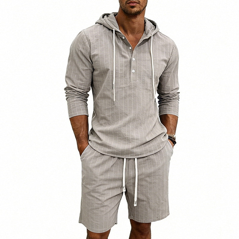 Men's striped linen-look hooded Henley set with drawstring shorts Mune Fashion
