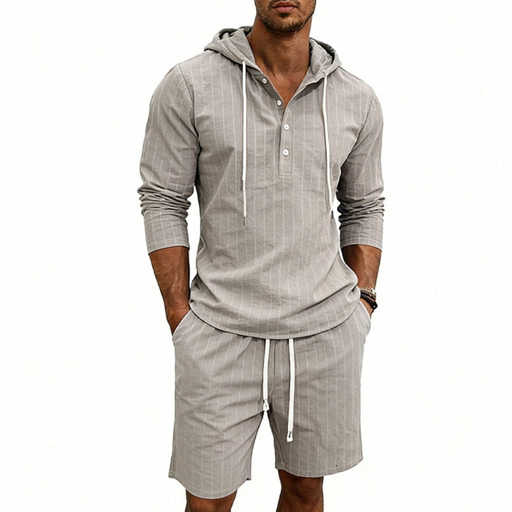 Men's striped linen-look hooded Henley set with drawstring shorts Mune Fashion