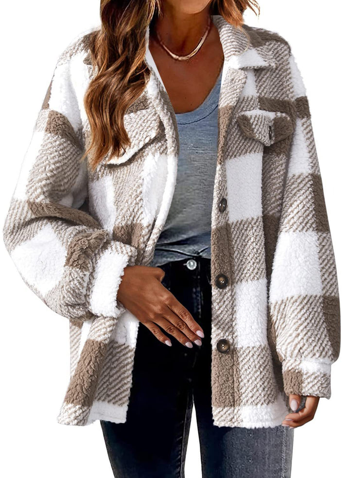 Women's cozy Sherpa check transitional jacket with chest pockets and generous oversized cut Mune Fashion