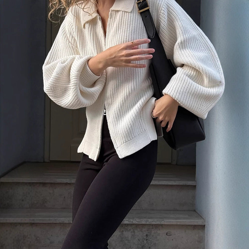Women Ribbed Cardigan with Zipper, Shirt Collar & Balloon Sleeves Mune Fashion