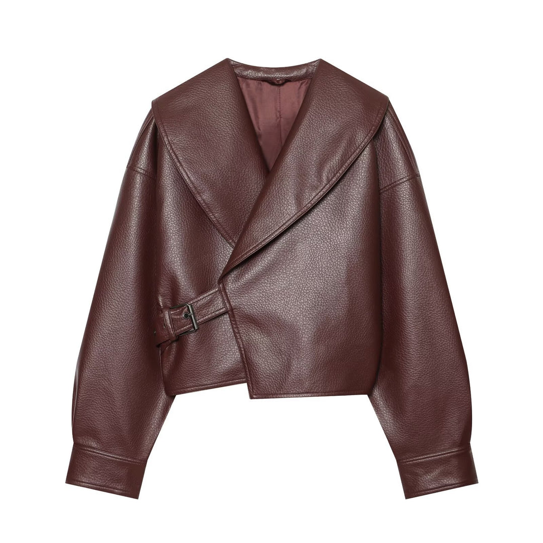 Womens Boxy Cropped Blouson Jacket made of faux leather with overlapping shawl collar and waist belt Drune