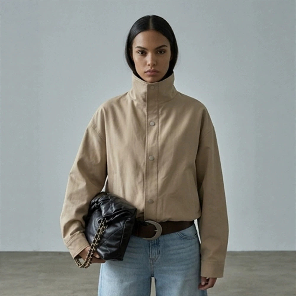 Women Short Boxy Canvas Jacket with High Stand-Up Collar and Snap Button Placket Mune Fashion