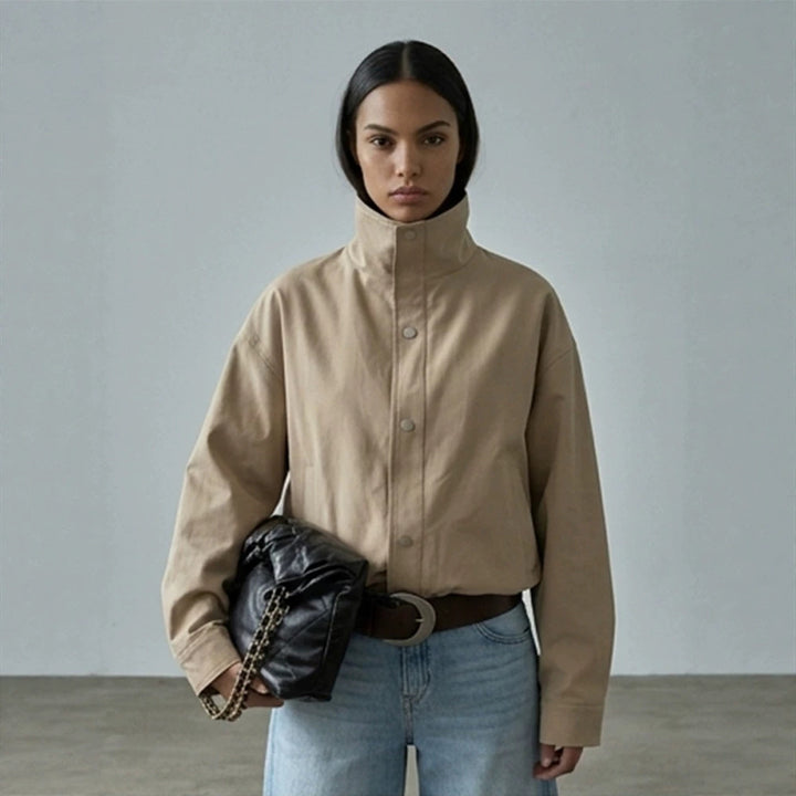 Women Short Boxy Canvas Jacket with High Stand-Up Collar and Snap Button Placket Mune Fashion