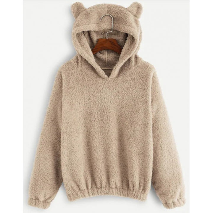 Women's Cozy Teddy Hooded Sweater with Bear Ears and Drawstring Hem Mune Fashion