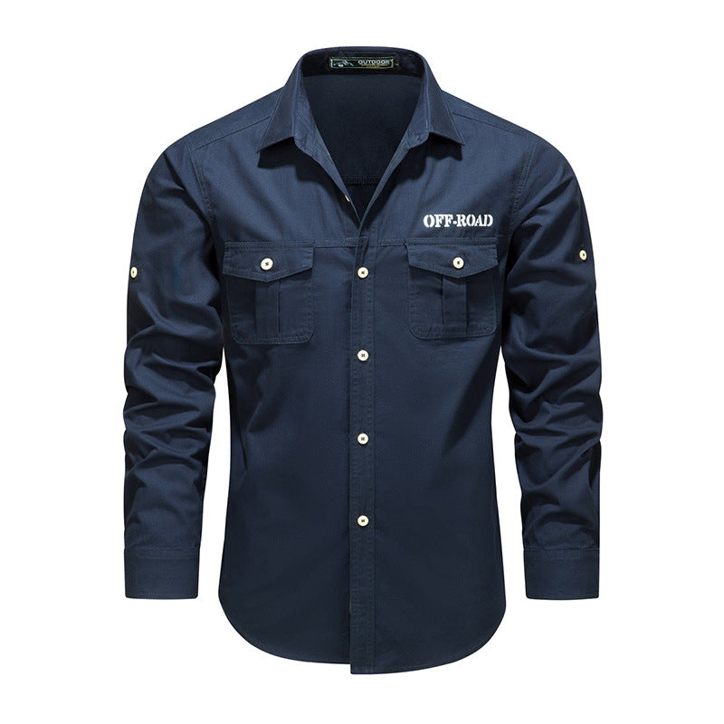Men's Long Sleeve Utility Shirt made of Cotton Blend with Double Chest Pockets and Roll-Up Sleeves Mune Fashion