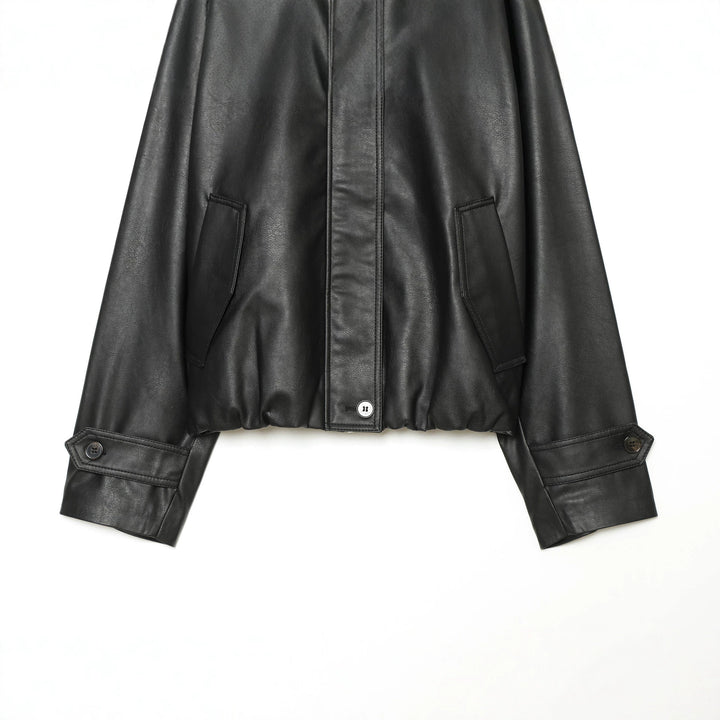 Women's Cropped Faux Leather Field Jacket with High Stand Collar, Shoulder Straps and Elastic Hem