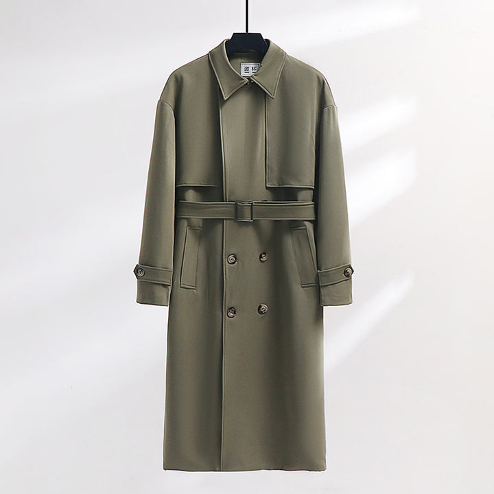 Men's Long Double-Breasted Trench Coat with Waist Belt and Oversized Shawl Collar Mune Fashion