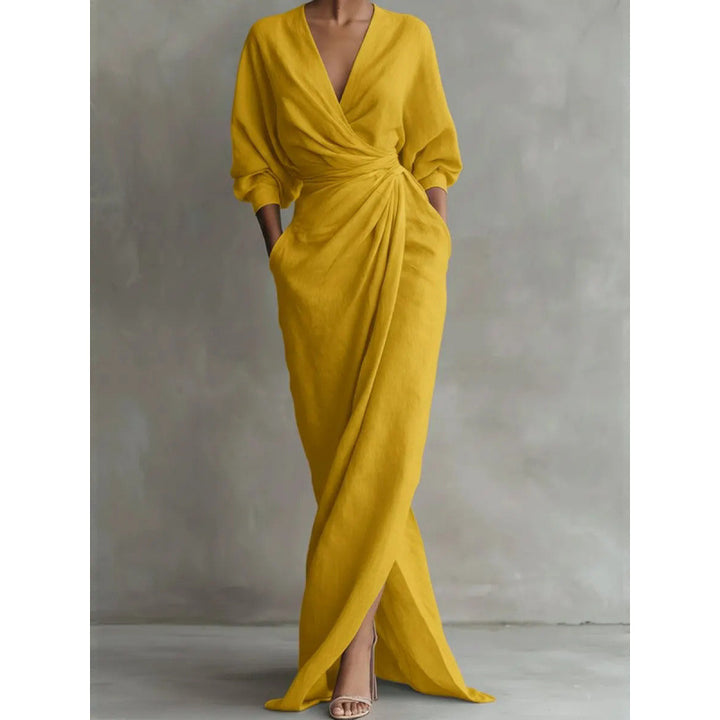 Women's Draped Wrap Maxi Dress with Deep V-Neck, Waist Twist and Side Pockets Drune