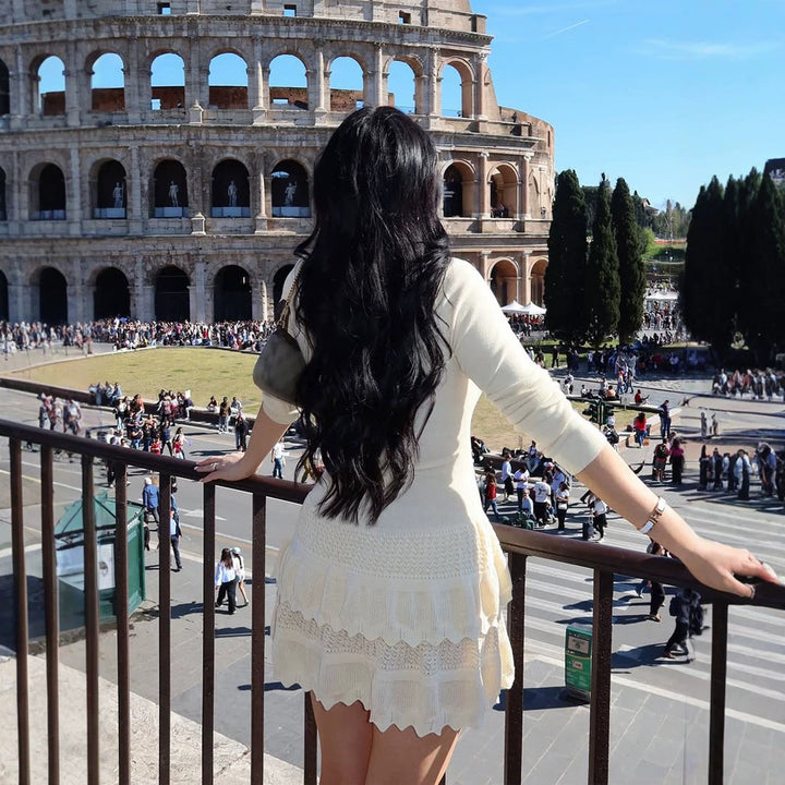 Women Figure-Hugging Knit Mini Dress with Ruffle Layers and Long Sleeves Mune Fashion