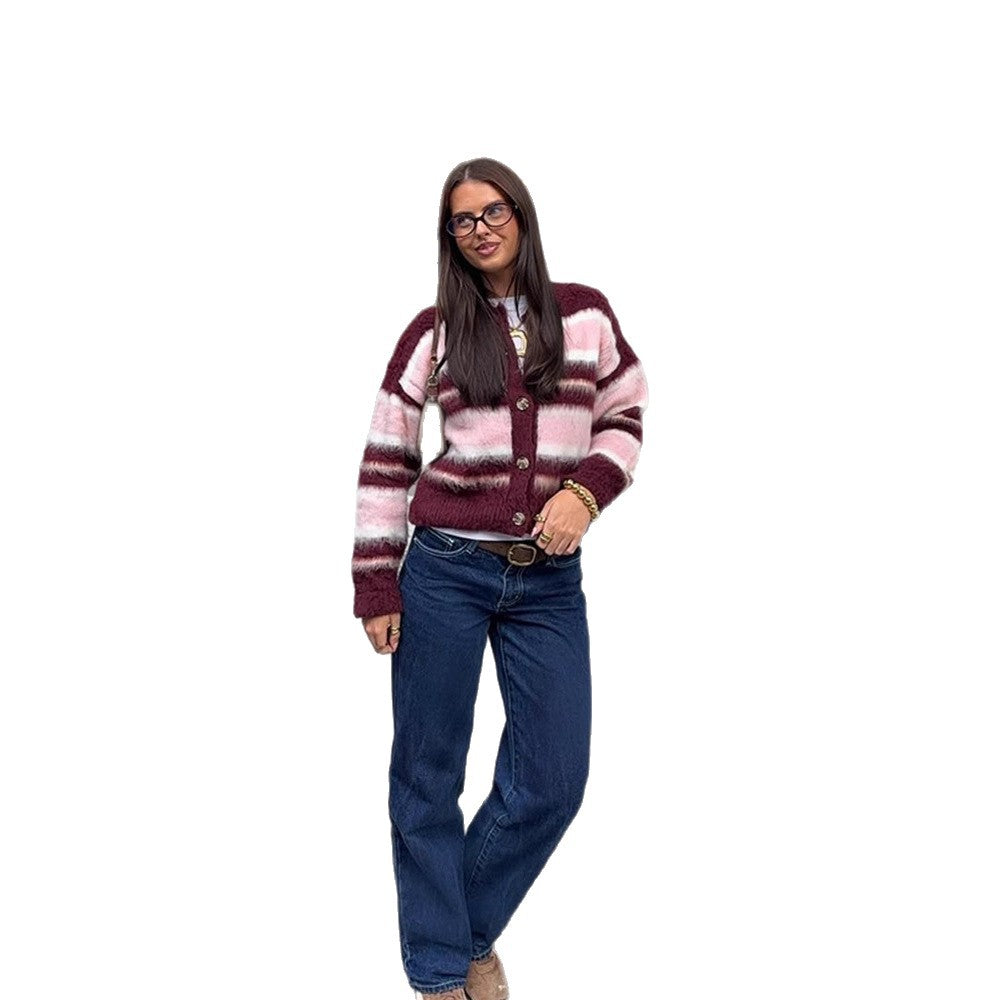 Women's Striped Mohair Blend Knit Cardigan with Button Placket and Cozy Cropped Cut Mune Fashion