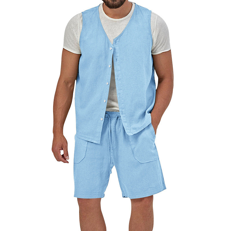 Men's two-piece leisure set with sleeveless button vest and wide drawstring shorts with patch pockets Mune Fashion