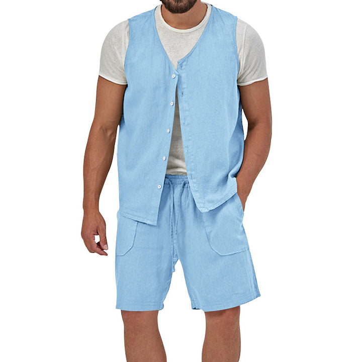 Men's two-piece leisure set with sleeveless button vest and wide drawstring shorts with patch pockets Mune Fashion