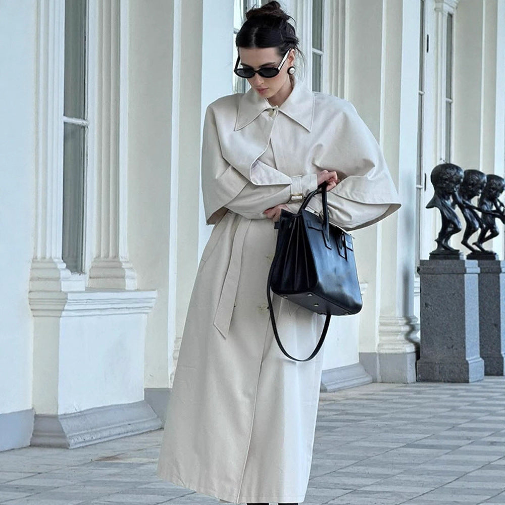 Women's Long Tailored Trench Coat with Detachable Cape and Tied Belt Mune Fashion