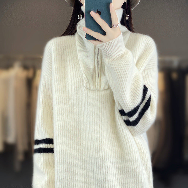 Women's ribbed knit pullover with half zipper, high stand-up collar, and relaxed fit Mune Fashion