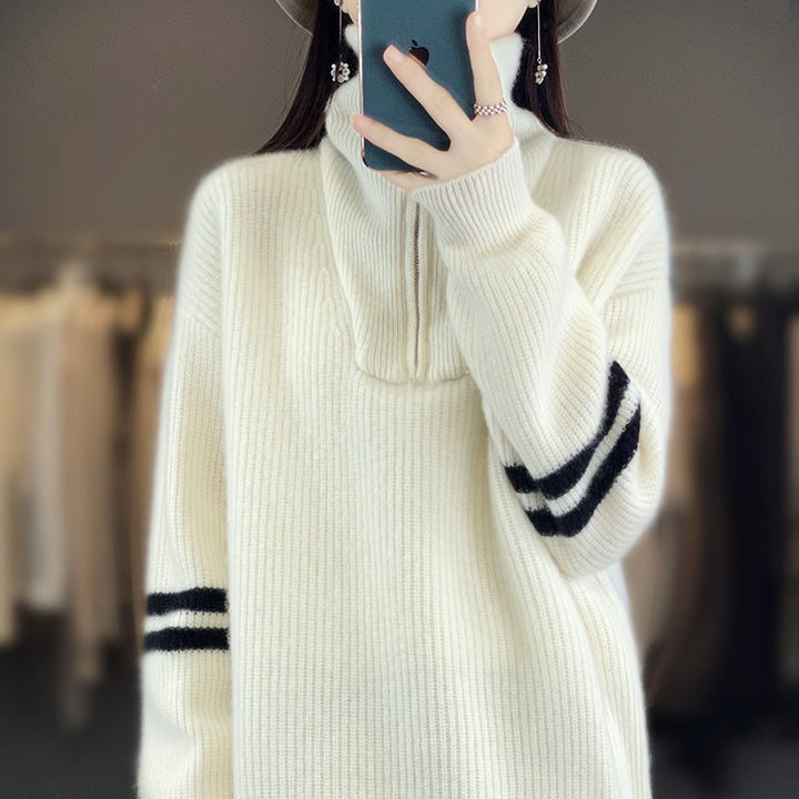 Women's ribbed knit pullover with half zipper, high stand-up collar, and relaxed fit Mune Fashion