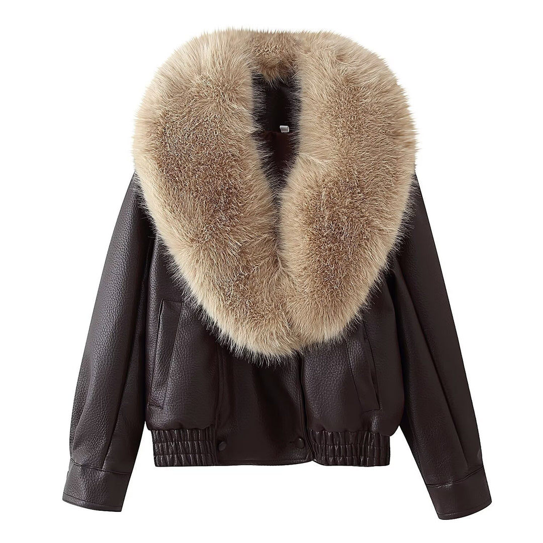 Women's Short-Cut Leather Bomber Jacket with Voluminous Removable Fur Collar Mune Fashion