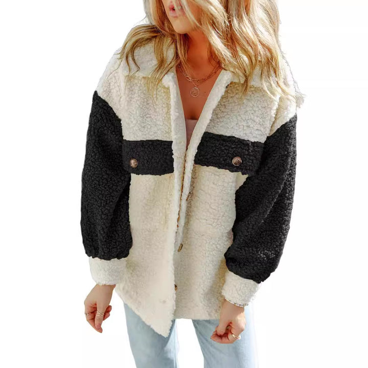 Women's oversized Teddy shirt jacket with contrast stripes, applied chest pockets and visible button placket Mune Fashion