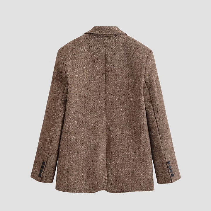 Women's Oversized Tweed Blazer with Herringbone Texture, Flap Pockets and Classic Lapel Mune Fashion