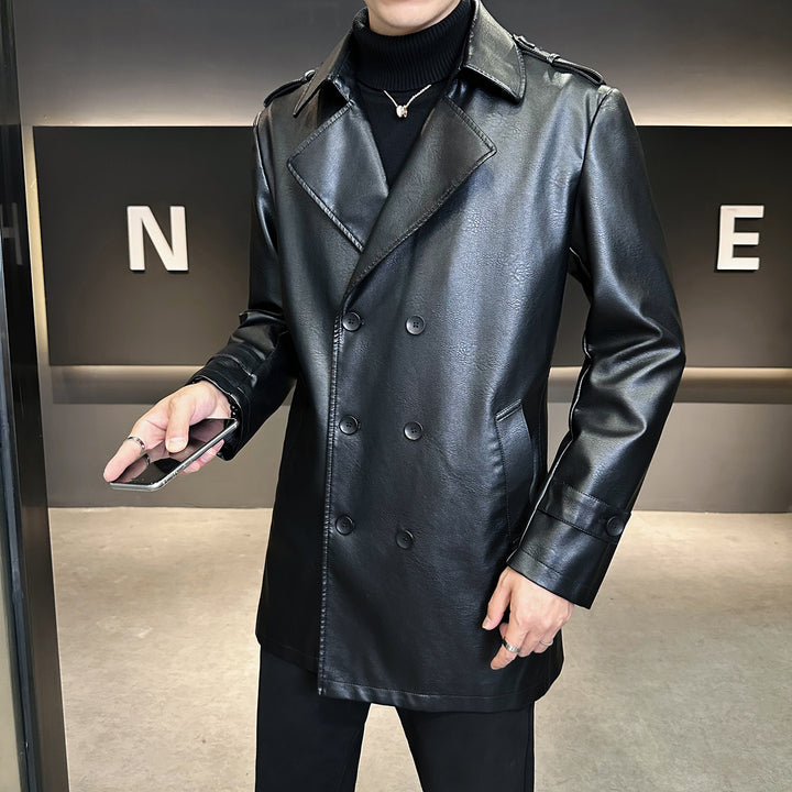 Men's Double-Breasted Faux Leather Trench Coat with Lapel Collar and Epaulettes Mune Fashion