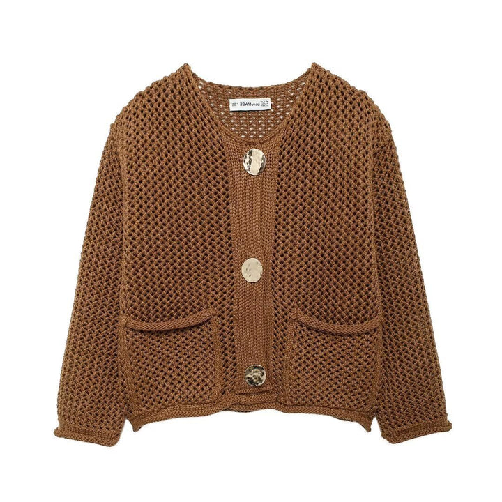 Women's cardigan with open mesh structure, decorative buttons and patch pockets Mune Fashion