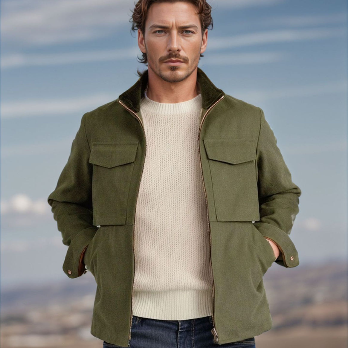 Men's Short Denim Field Jacket with Stand-Up Collar, Zipper, and Applied Chest Pockets Mune Fashion
