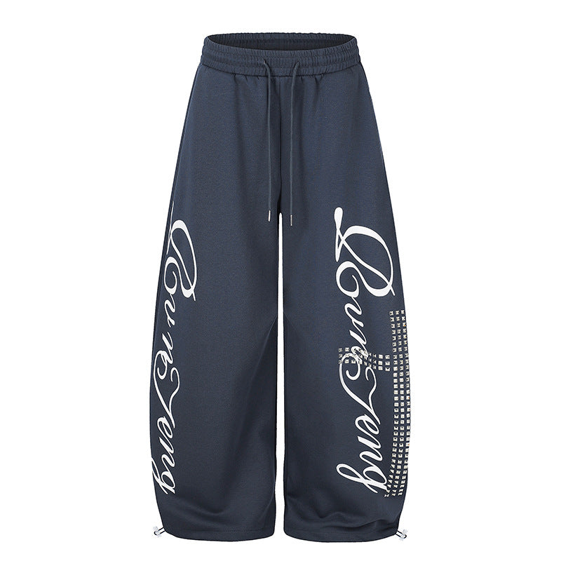 Women's Palazzo Sweatpants in Culotte Style with High Waist, Drawstring, Text Print and Rhinestone Trim Mune Fashion