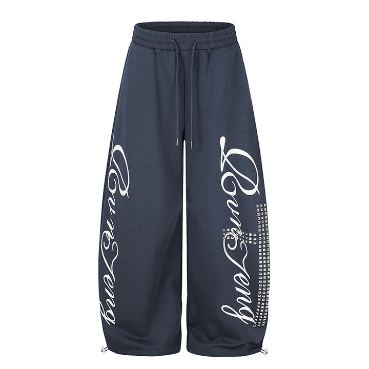 Women's Palazzo Sweatpants in Culotte Style with High Waist, Drawstring, Text Print and Rhinestone Trim Mune Fashion