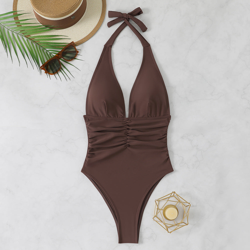 Women's one-piece swimsuit with deep V-neck and stylish gathering Mune Fashion