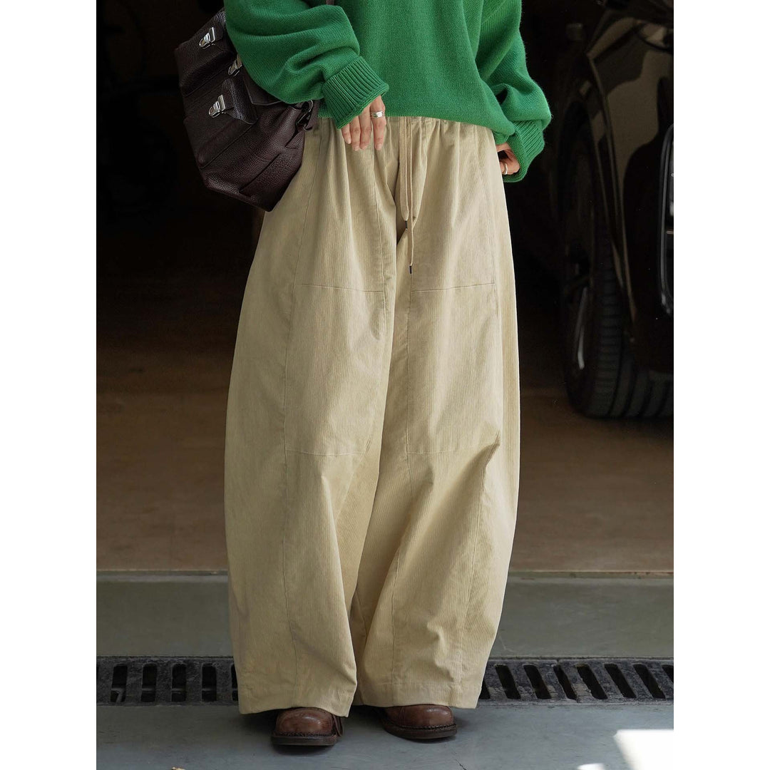 Women Loose Fit Corduroy Balloon Pants with Drawstring Waist and Large Front Pockets