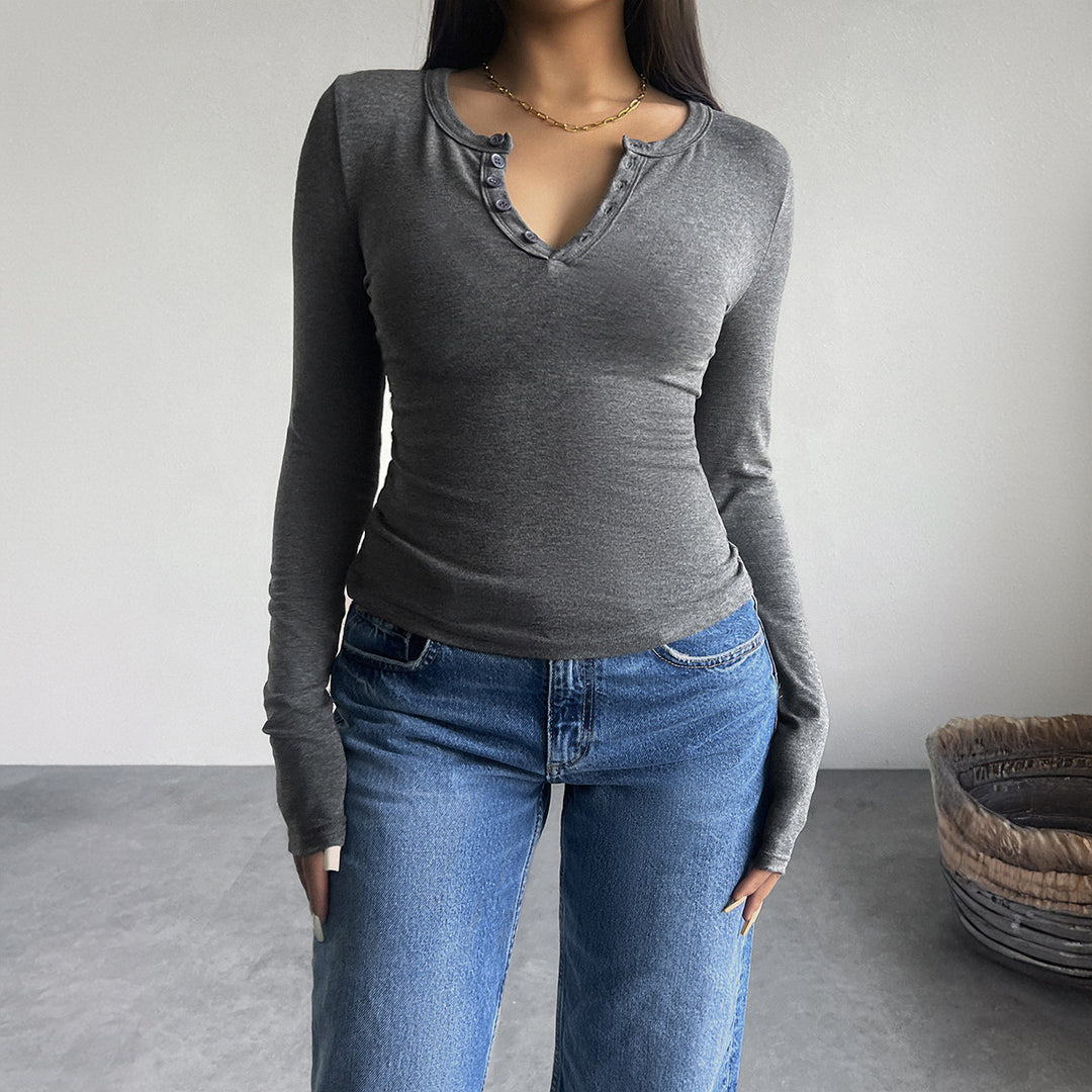 Women's tailored Henley long sleeve with stretch jersey and thumb hole Mune Fashion