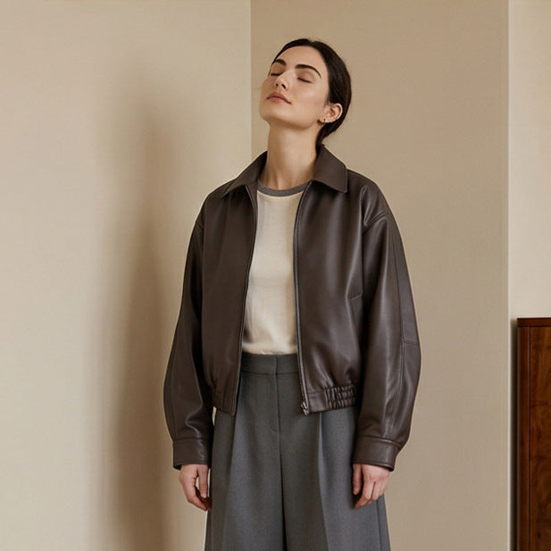 Women Boxy Cropped Faux Leather Jacket with Concealed Zipper and Elastic Hem Mune Fashion